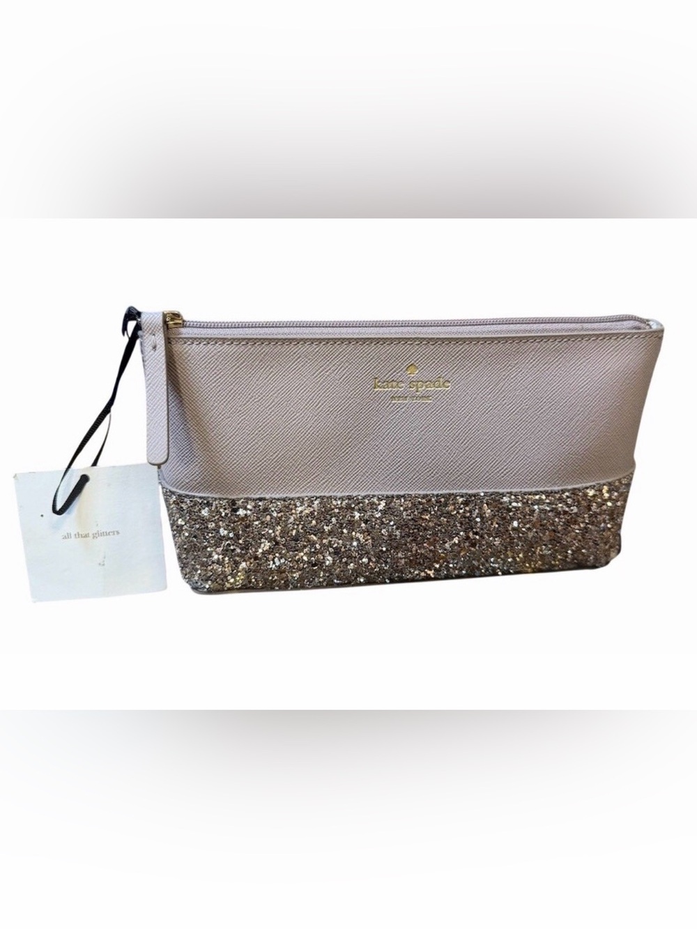 Kate Spade Makeup Bag Womens Small Taupe Glitter Zip Closure